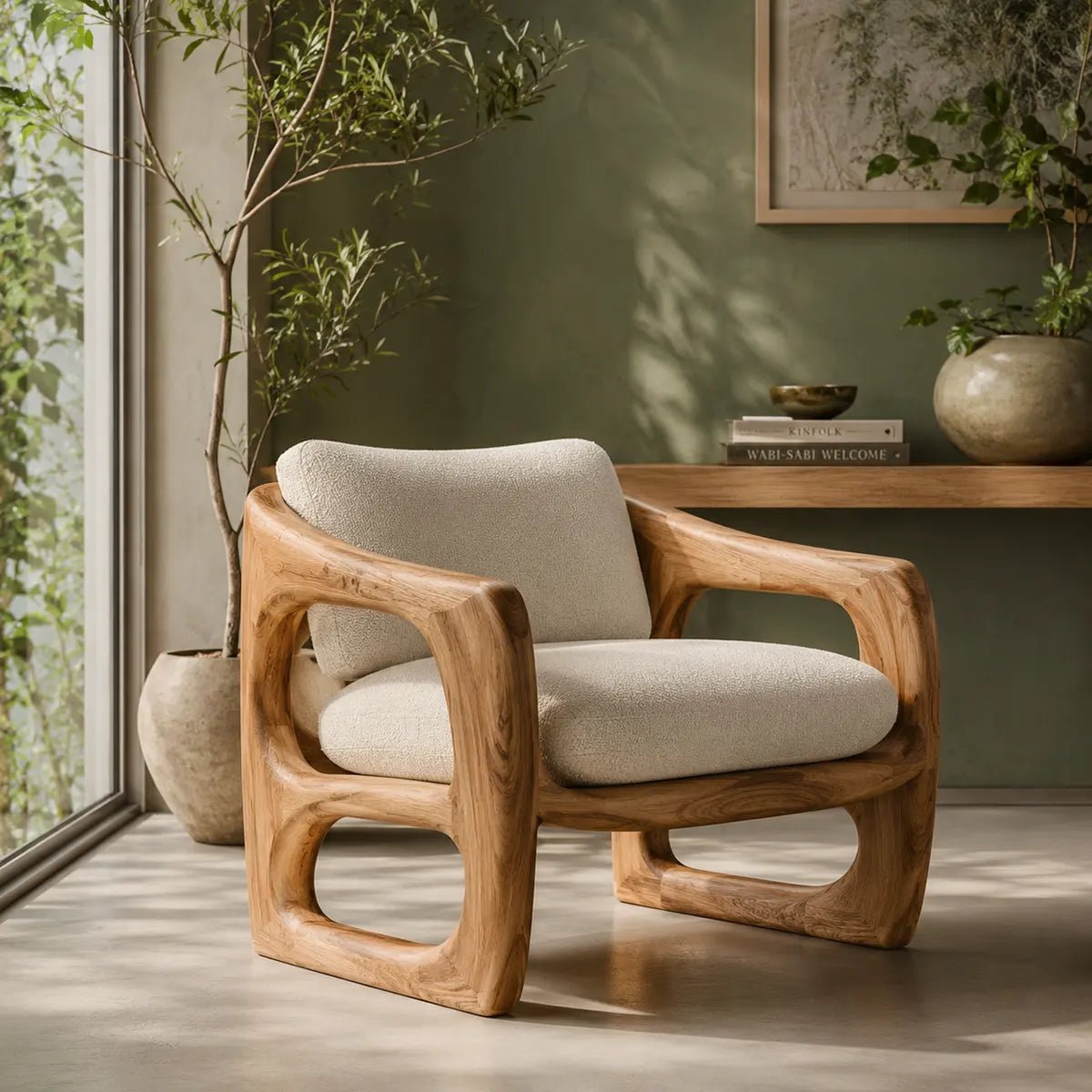 Modern Solid Wood Lounge Chair | Sculptural Wooden Accent Chair with Open Arm Design TT006-1322