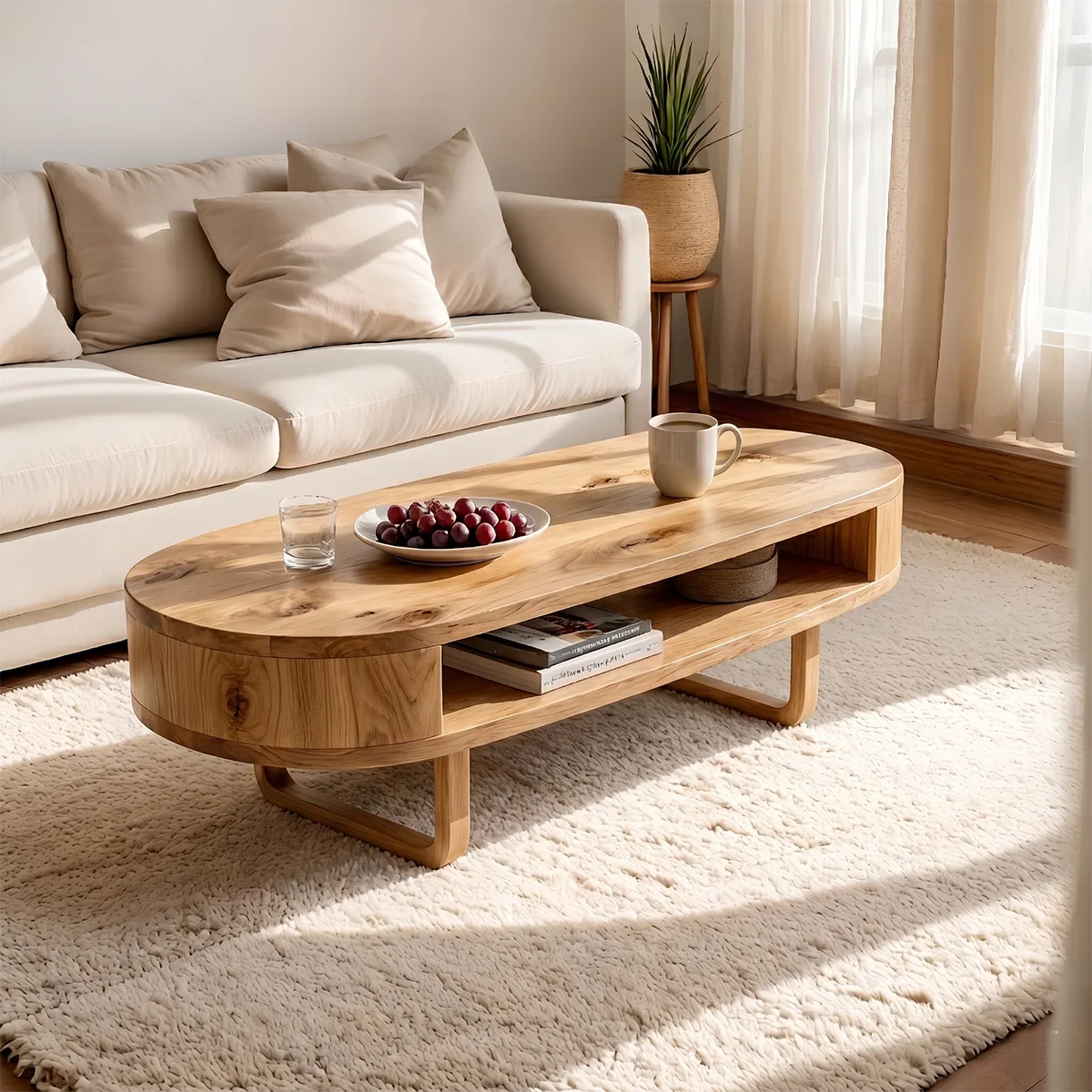 Mid Century Solid Wood Oval Coffee Table with Open Storage