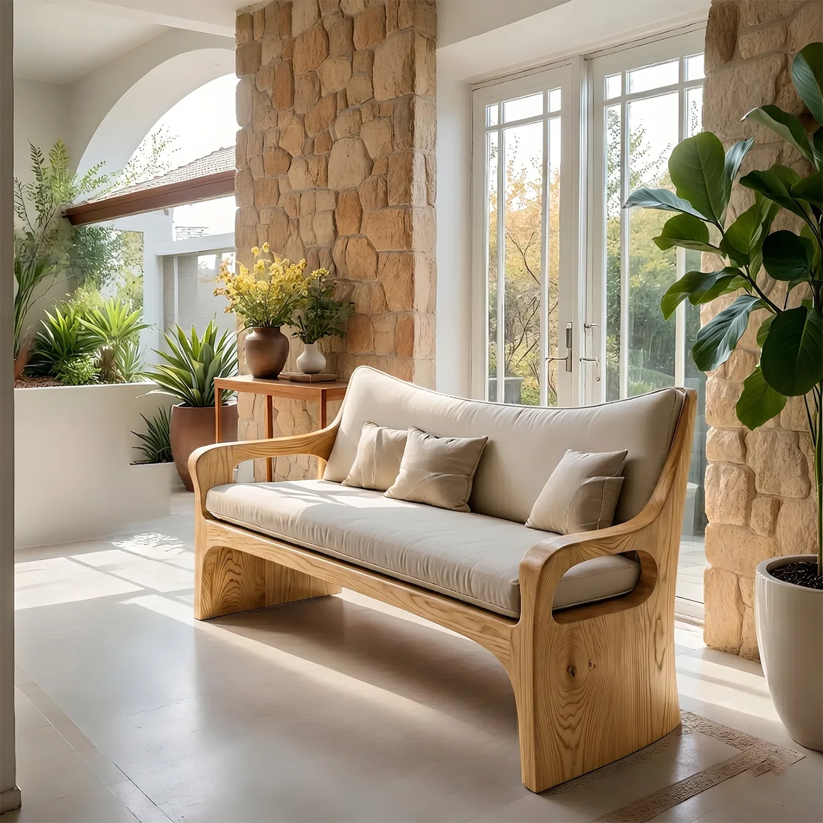 Modern Organic Wooden Sofa with Sculpted Curved Frame Design