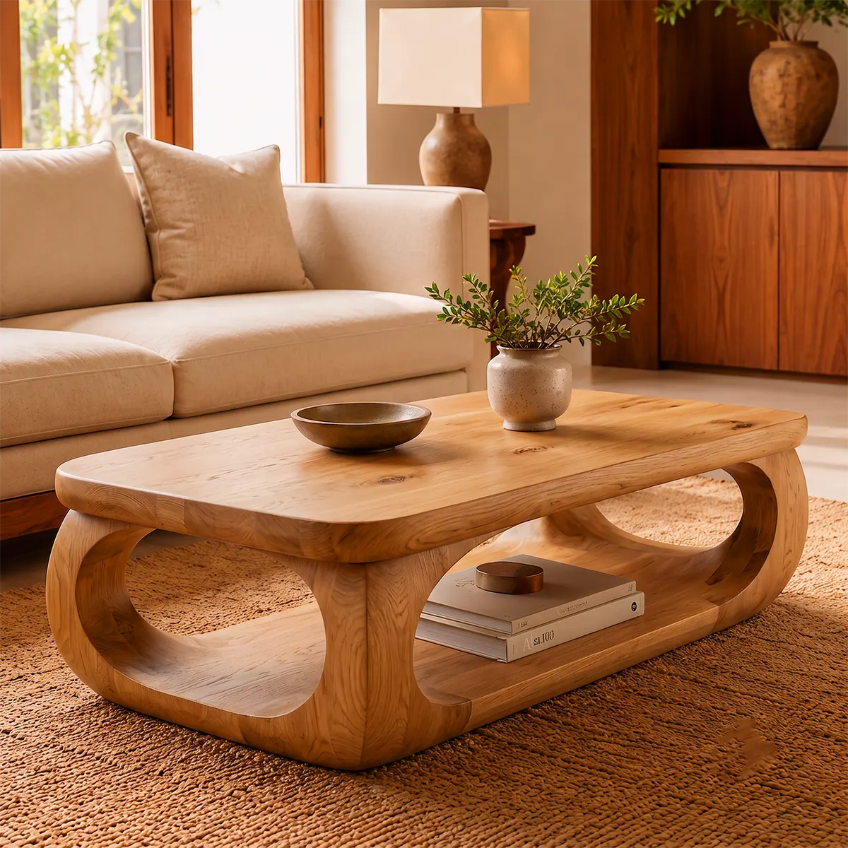 Sculptural Rounded Rectangle Coffee Table with Lower Shelf | Organic Modern Center Table TT006-4PQZ3SX