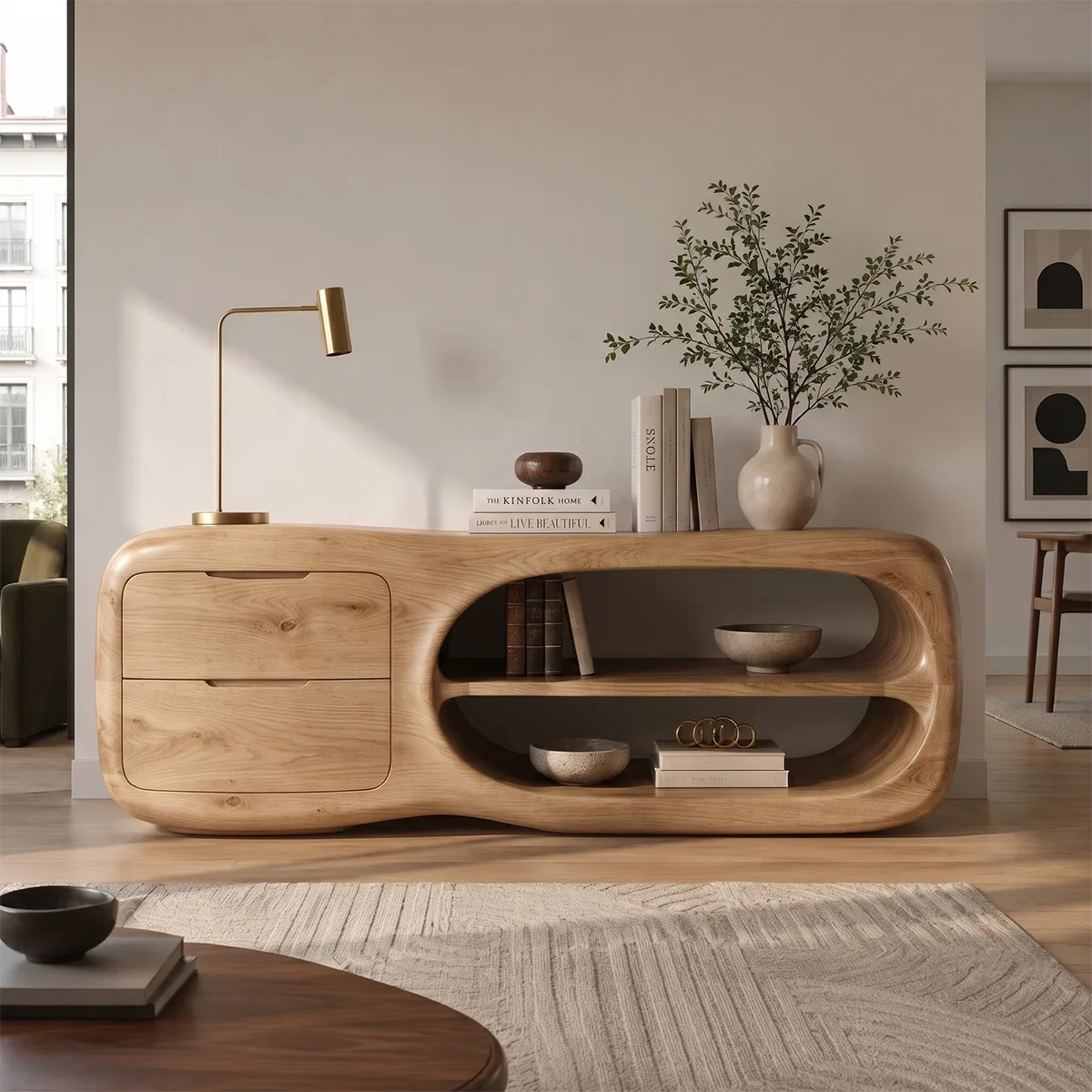 Modern Organic Storage Console Table with 2 Drawers & Open Shelves | Solid Wood Entryway Console TT006-9587