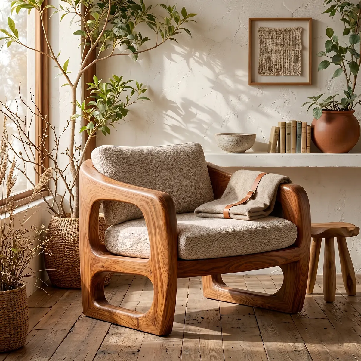 Modern Solid Wood Lounge Chair | Sculptural Wooden Accent Chair with Open Arm Design TT006-1322