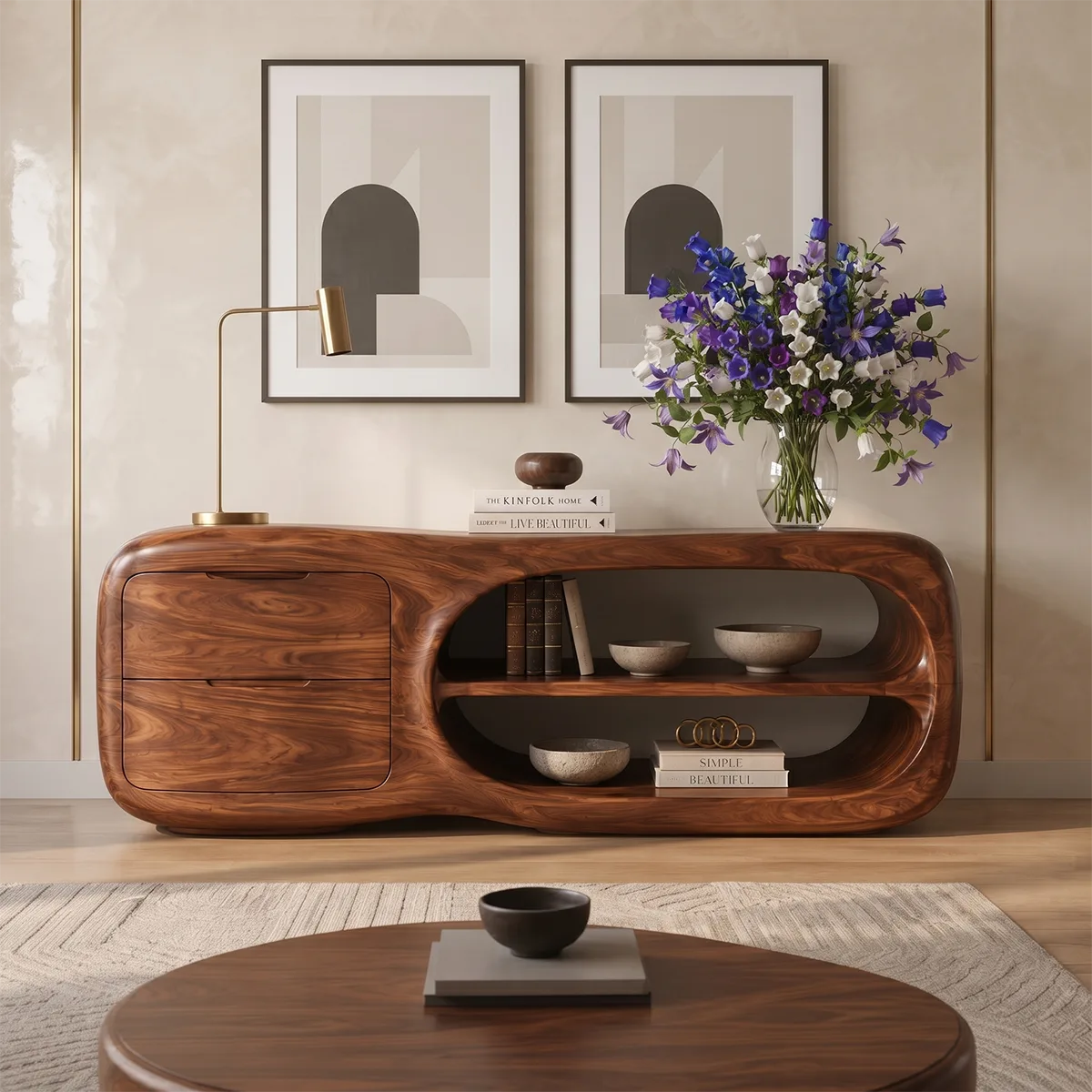 Modern Organic Storage Console Table with 2 Drawers & Open Shelves | Solid Wood Entryway Console TT006-9587
