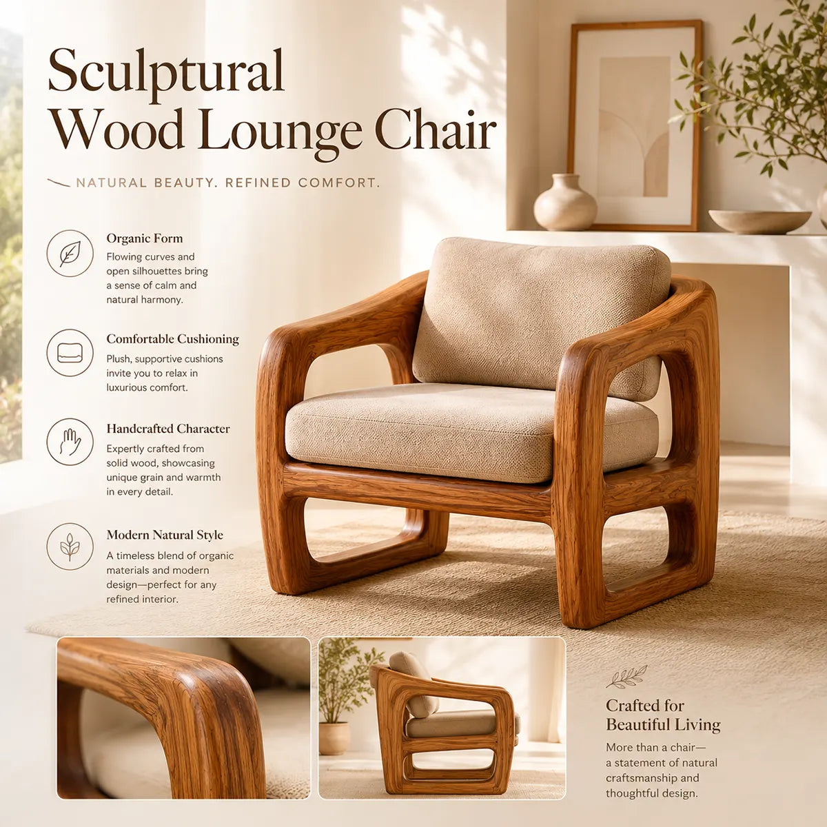 Modern Solid Wood Lounge Chair | Sculptural Wooden Accent Chair with Open Arm Design TT006-1322