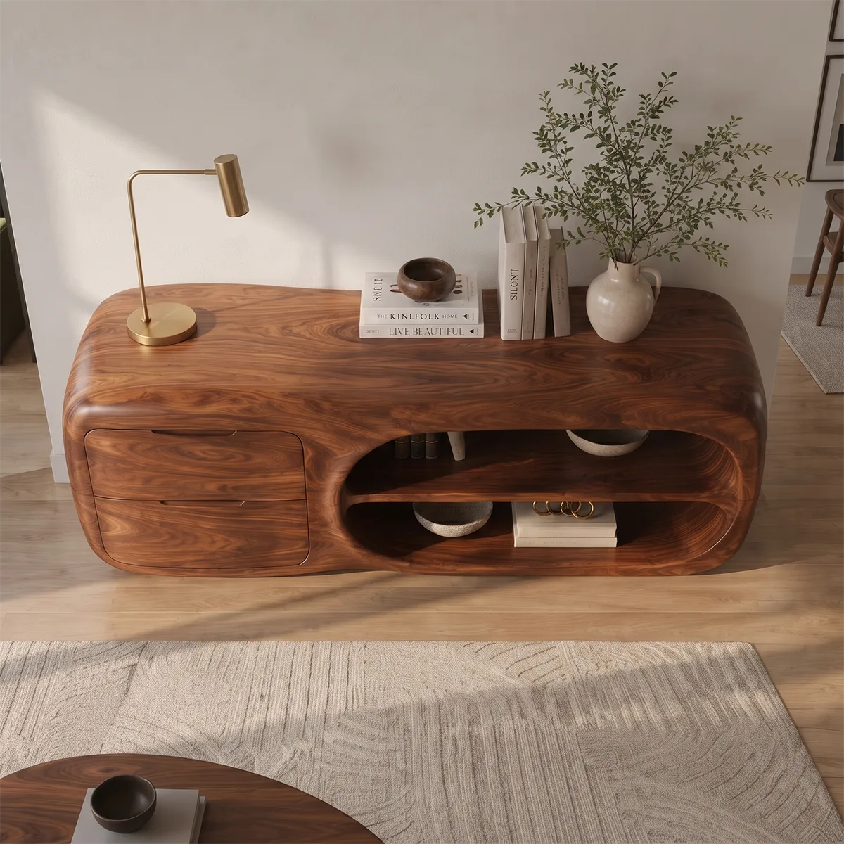 Modern Organic Storage Console Table with 2 Drawers & Open Shelves | Solid Wood Entryway Console TT006-9587