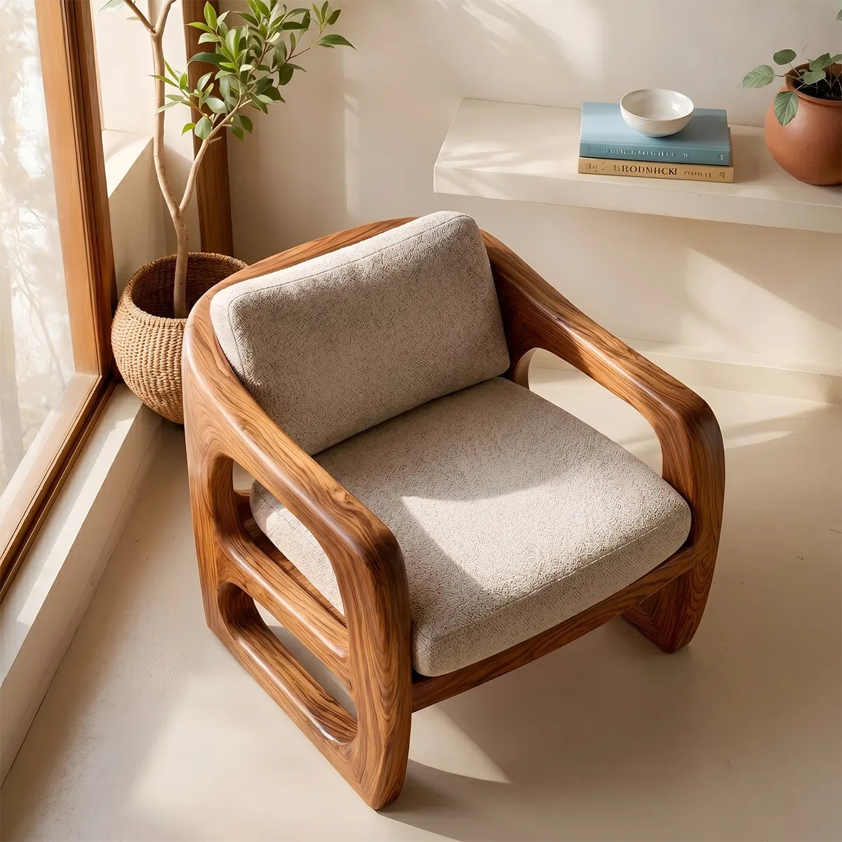 Modern Solid Wood Lounge Chair | Sculptural Wooden Accent Chair with Open Arm Design TT006-1322