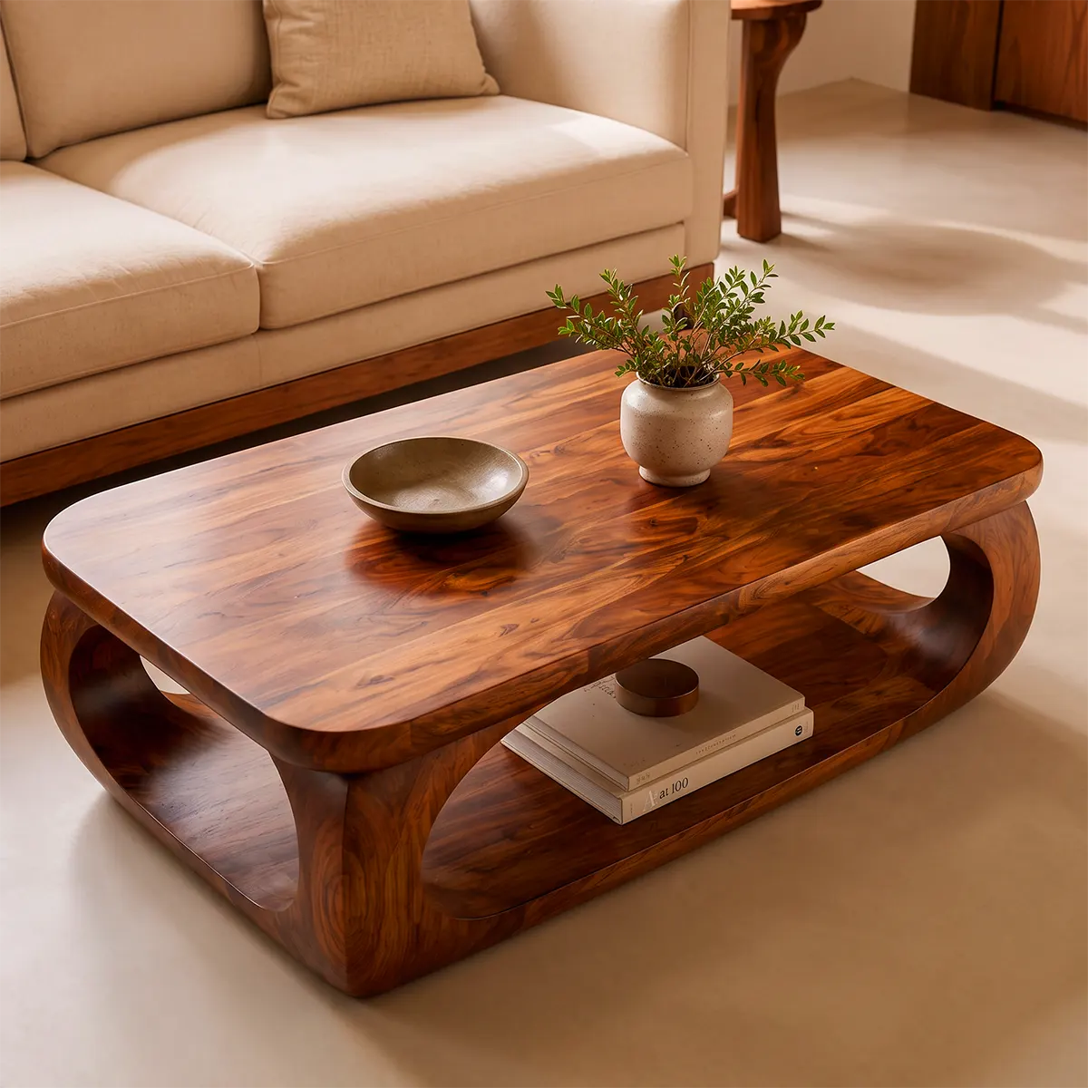 Sculptural Rounded Rectangle Coffee Table with Lower Shelf | Organic Modern Center Table TT006-4PQZ3SX