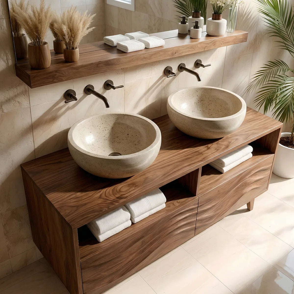 Solid Wood Double Sink Bathroom Vanity with Carved Wave Doors and Open Upper Shelves
