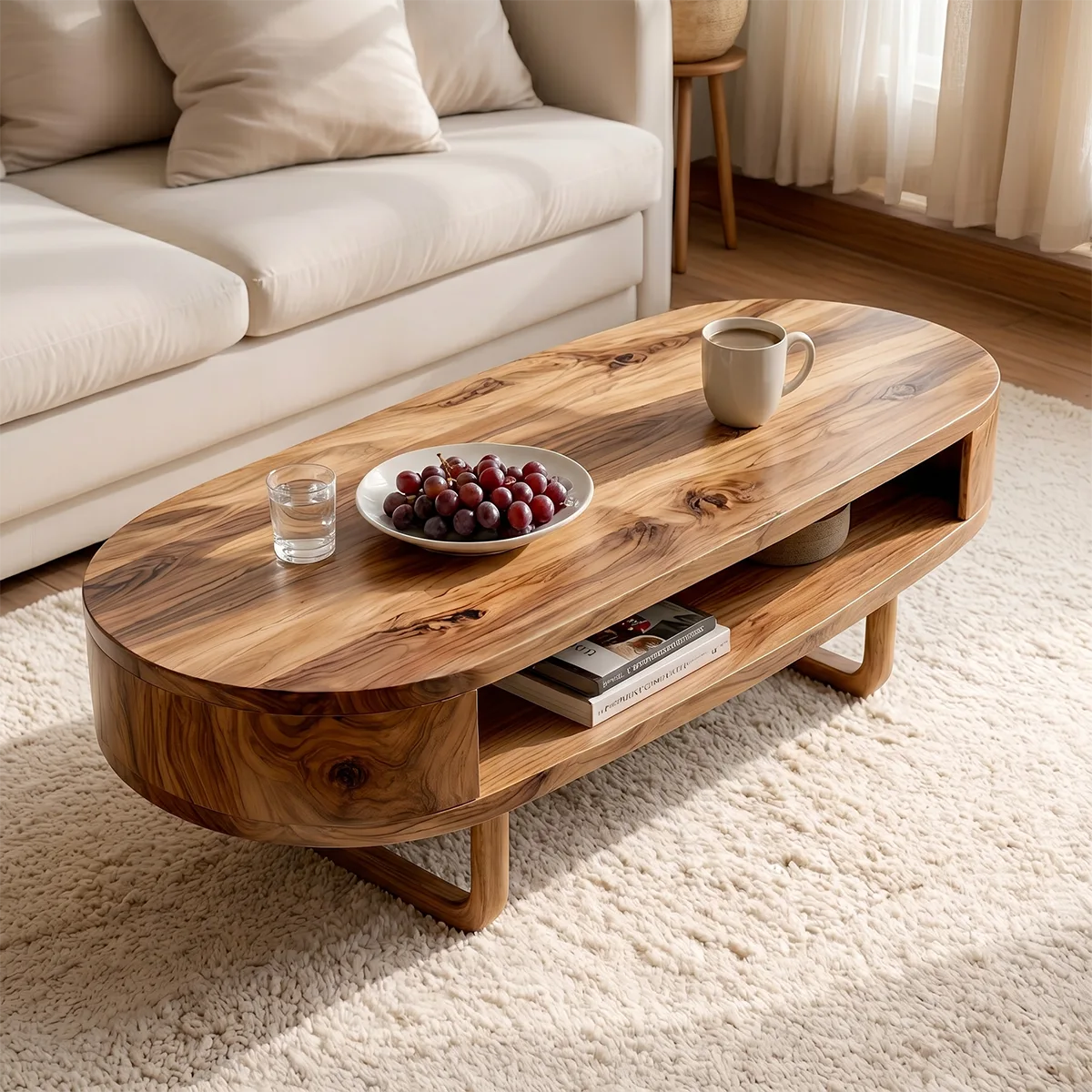 Mid Century Solid Wood Oval Coffee Table with Open Storage