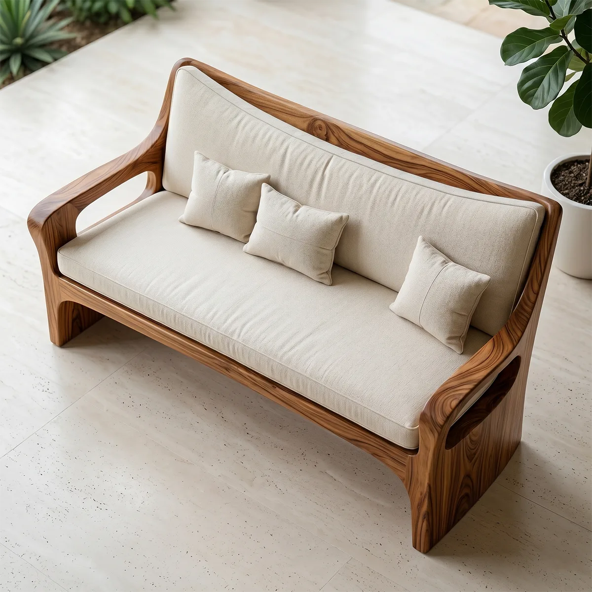 Modern Organic Wooden Sofa with Sculpted Curved Frame Design