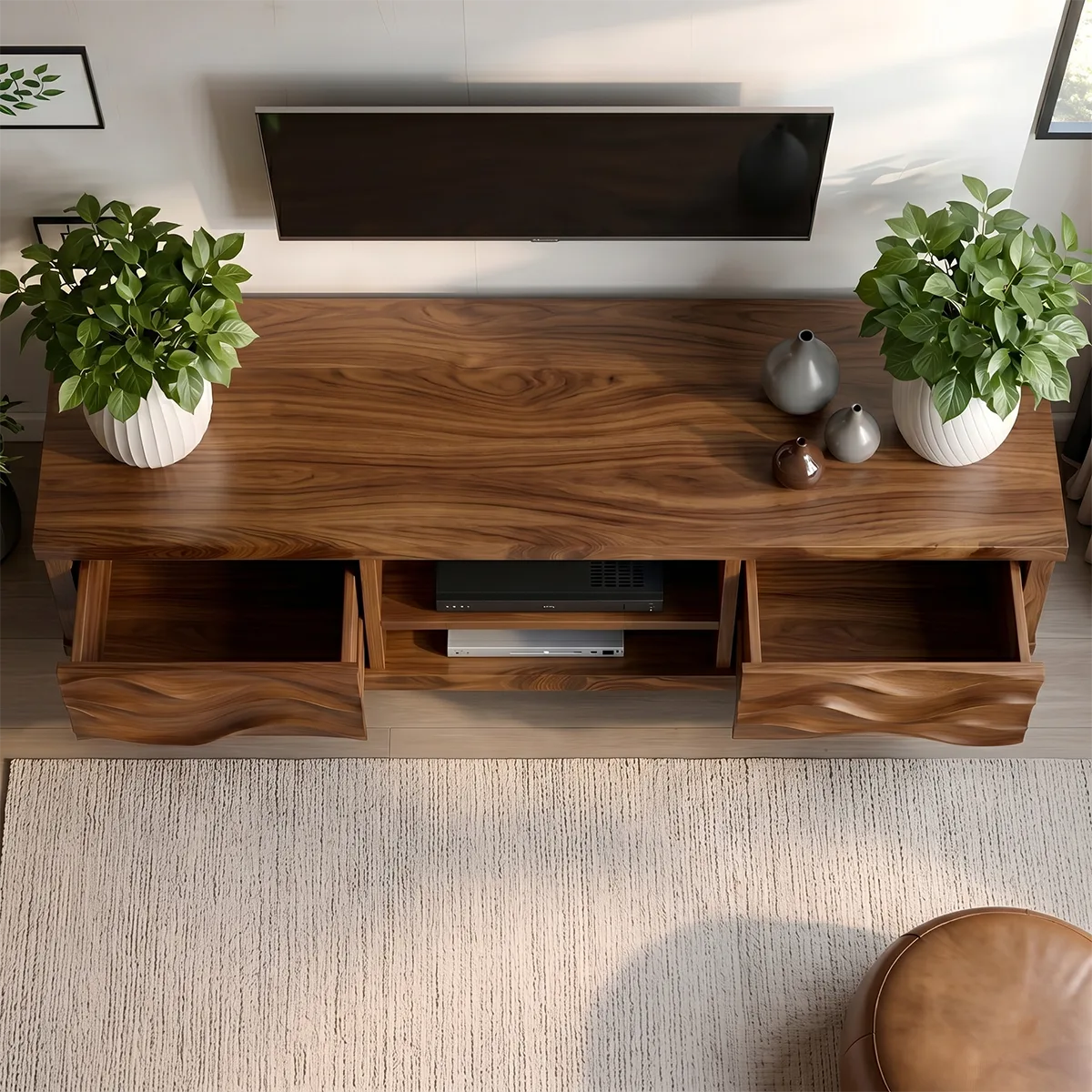 Modern Solid Wood Wavy Carved TV Stand with Open Shelving