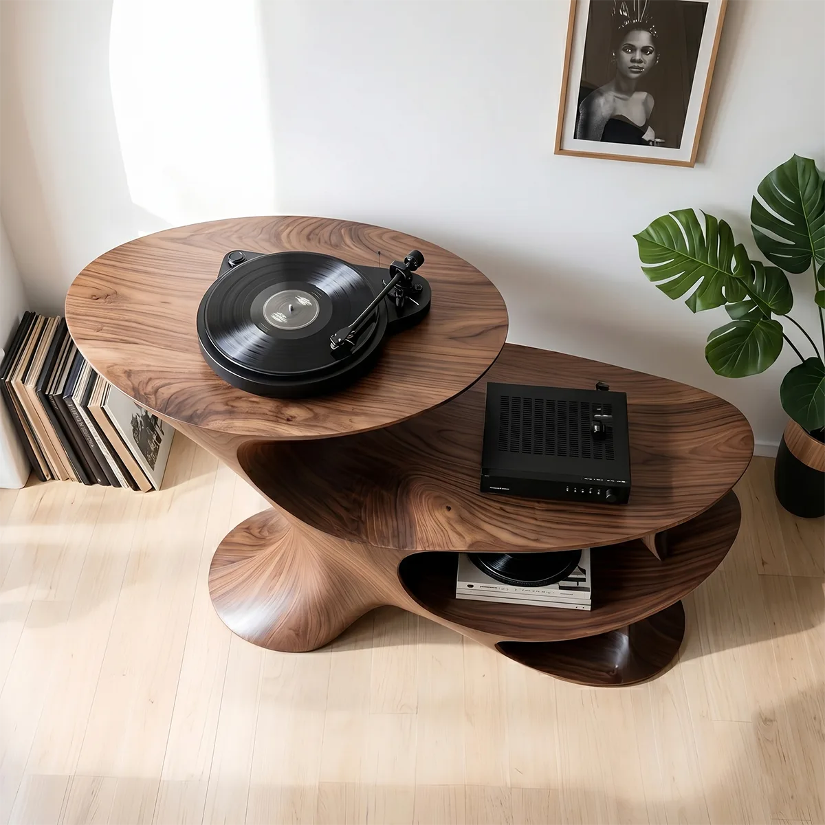 Luxury Solid Wood Record Player Console, Modern Organic Audio Stand with Open Shelves
