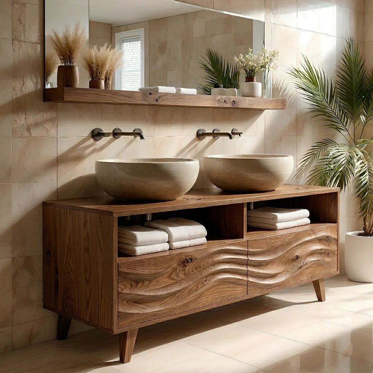 Solid Wood Double Sink Bathroom Vanity with Carved Wave Doors and Open Upper Shelves