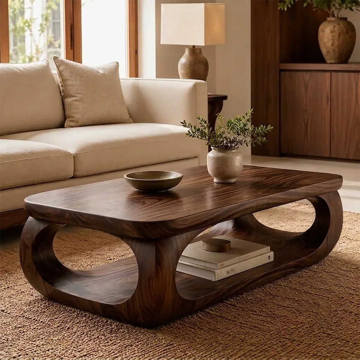 Sculptural Rounded Rectangle Coffee Table with Lower Shelf | Organic Modern Center Table TT006-4PQZ3SX