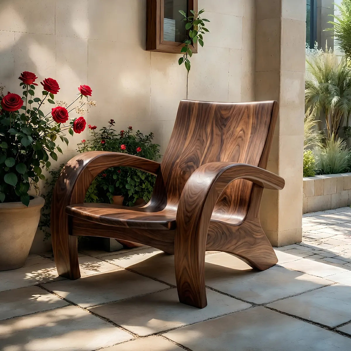 Handcrafted Solid Wood Lounge Armchair Sculptural Accent Chair
