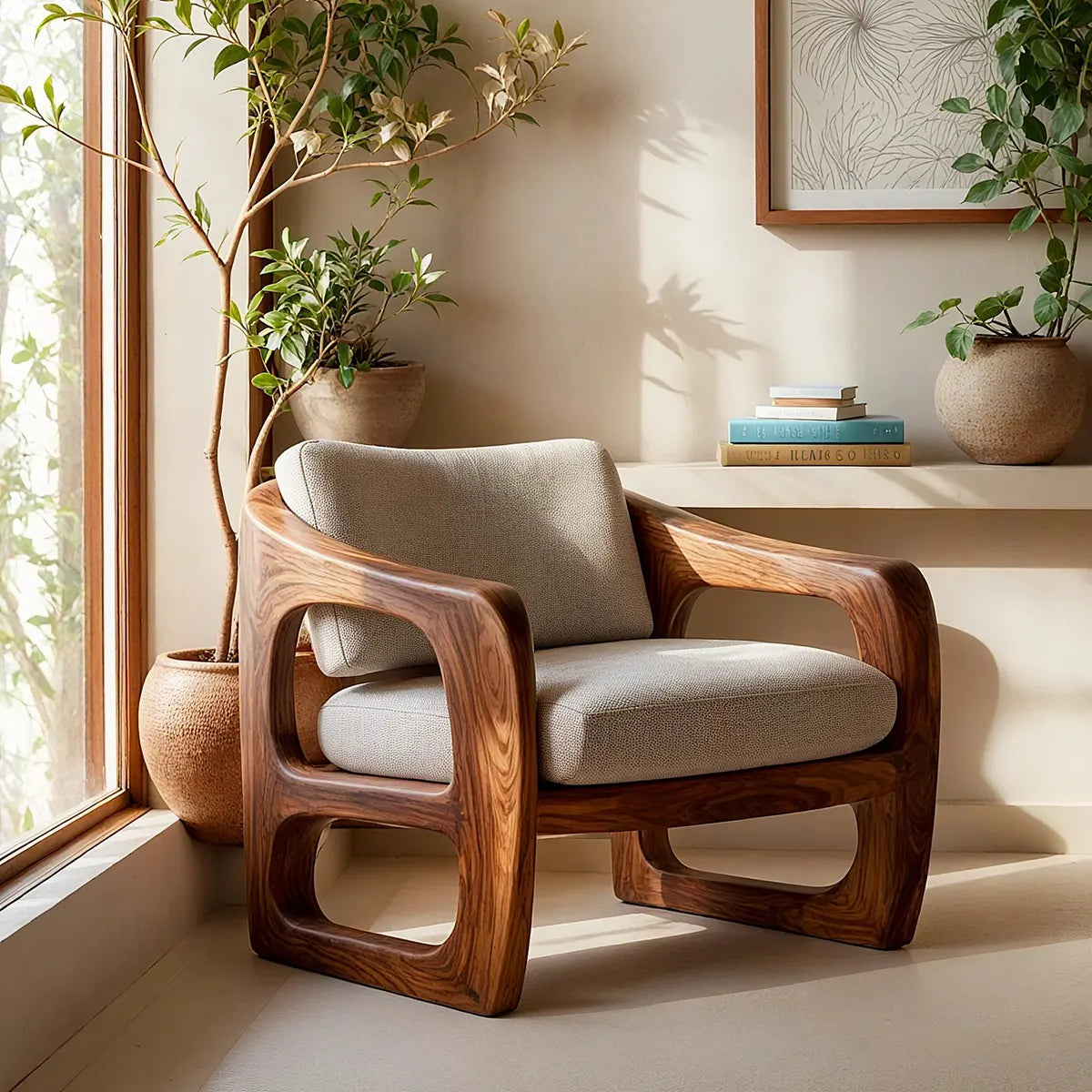 Modern Solid Wood Lounge Chair | Sculptural Wooden Accent Chair with Open Arm Design TT006-1322