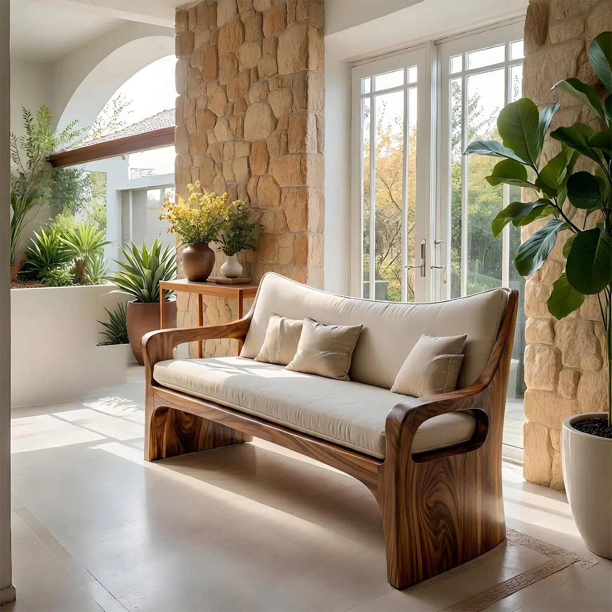 Modern Organic Wooden Sofa with Sculpted Curved Frame Design