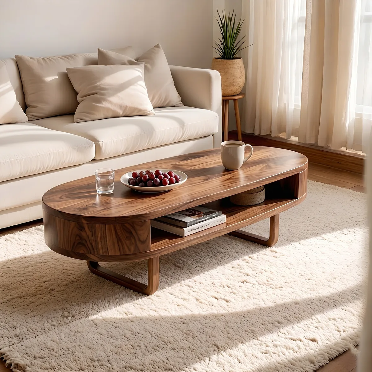 Mid Century Solid Wood Oval Coffee Table with Open Storage