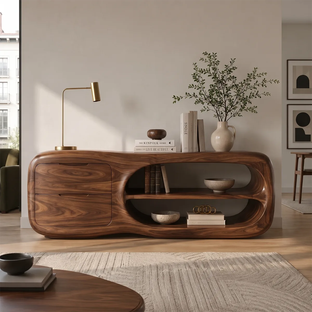 Modern Organic Storage Console Table with 2 Drawers & Open Shelves | Solid Wood Entryway Console TT006-9587