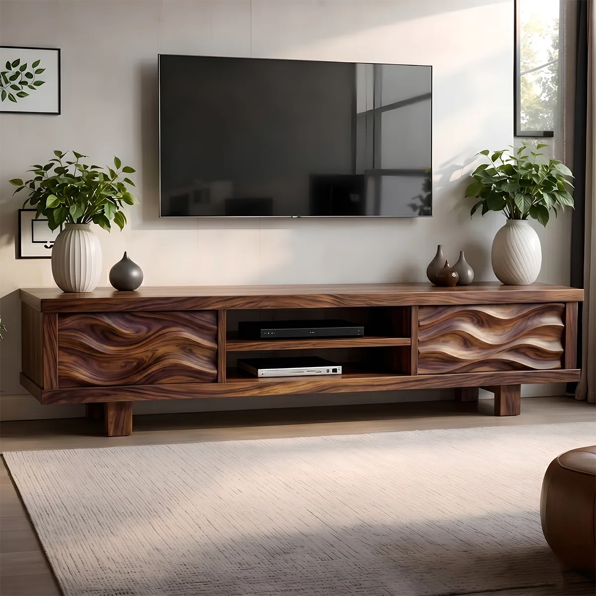 Modern Solid Wood Wavy Carved TV Stand with Open Shelving