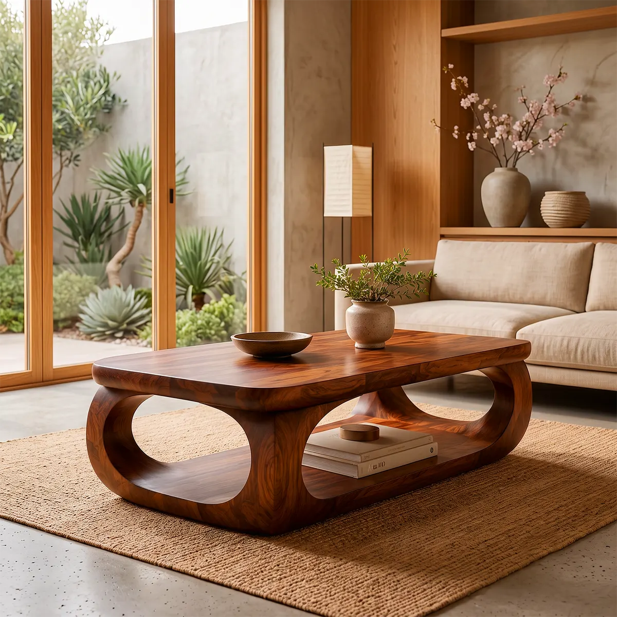 Sculptural Rounded Rectangle Coffee Table with Lower Shelf | Organic Modern Center Table TT006-4PQZ3SX