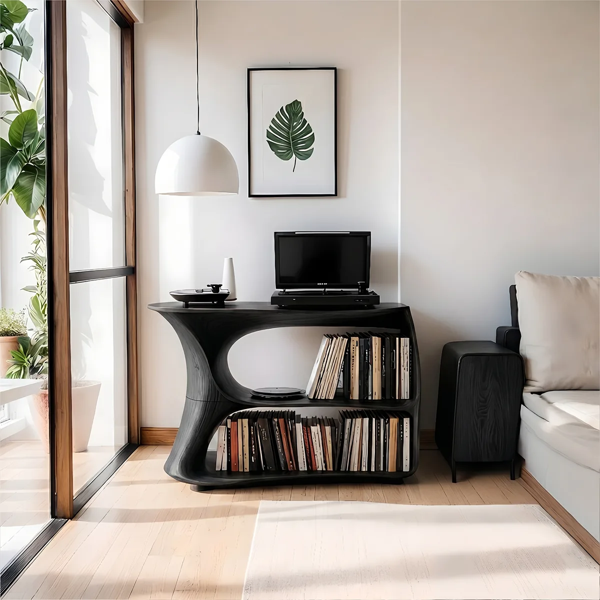 Solid Wood Media Stand, Modern Organic Record Player Stands with Vinyl Record Storage Shelves