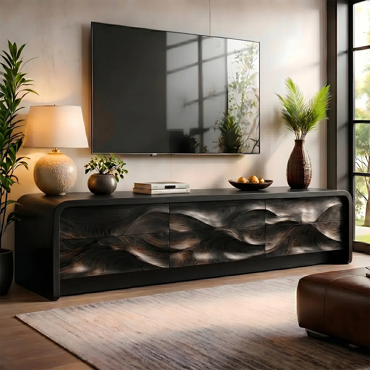 Modern Solid Wood Rounded TV Stand with Full Wavy Carved Facade