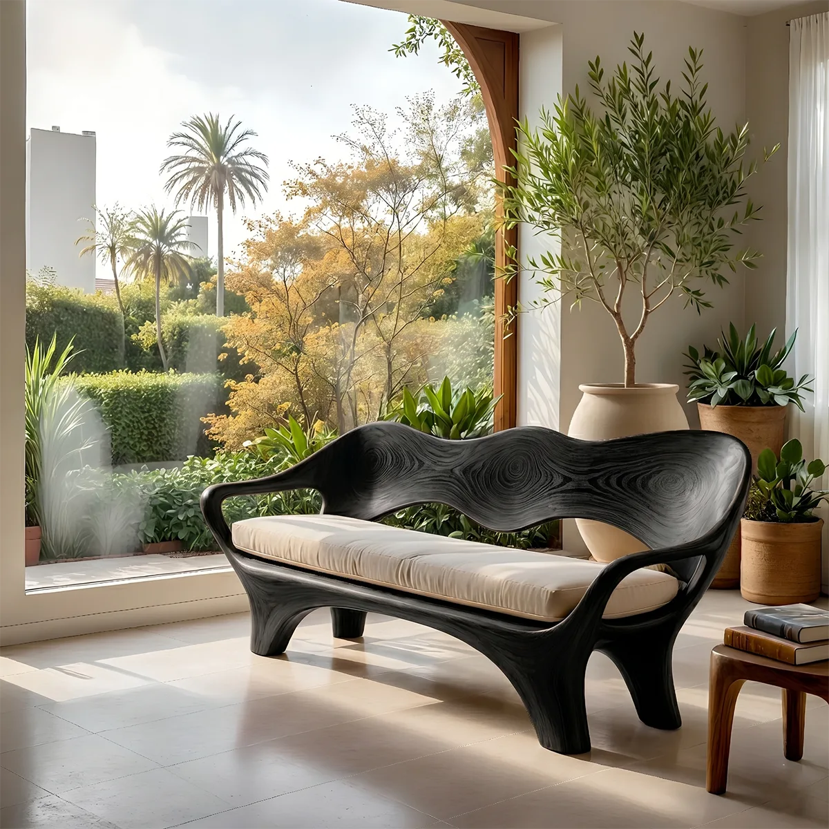 Luxury Sculptural Wooden Sofa with Organic Flowing Backrest Design