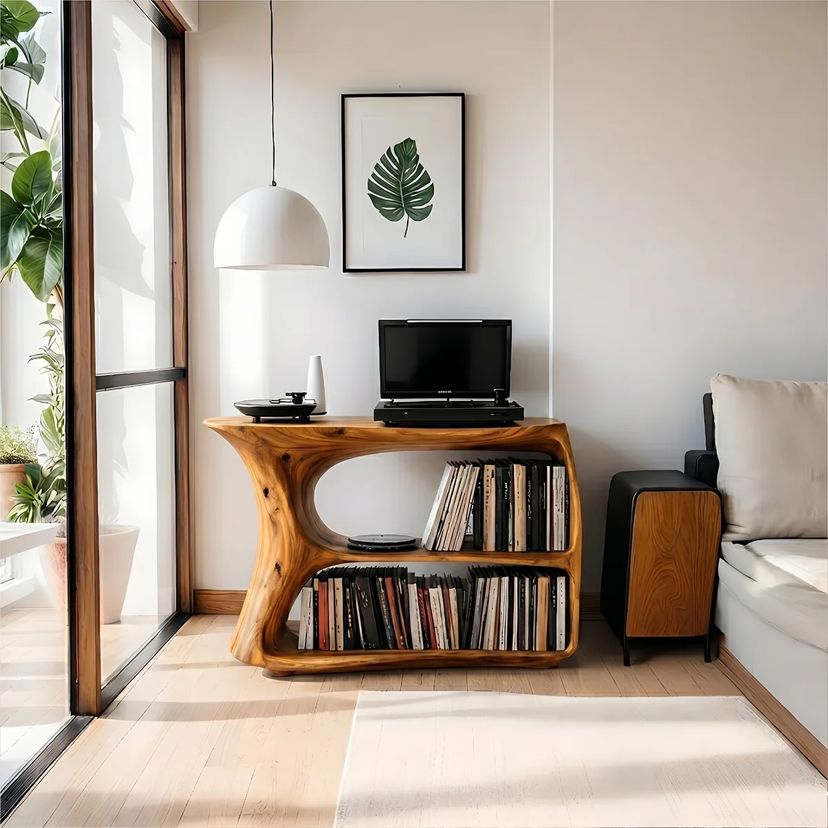 Solid Wood Media Stand, Modern Organic Record Player Stands with Vinyl Record Storage Shelves