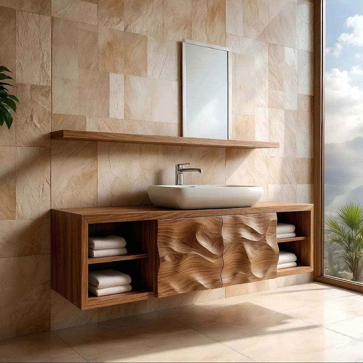Floating Solid Wood Bathroom Vanity with Sculpted Doors and Open Side Shelves