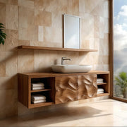 Floating Solid Wood Bathroom Vanity with Sculpted Doors and Open Side Shelves
