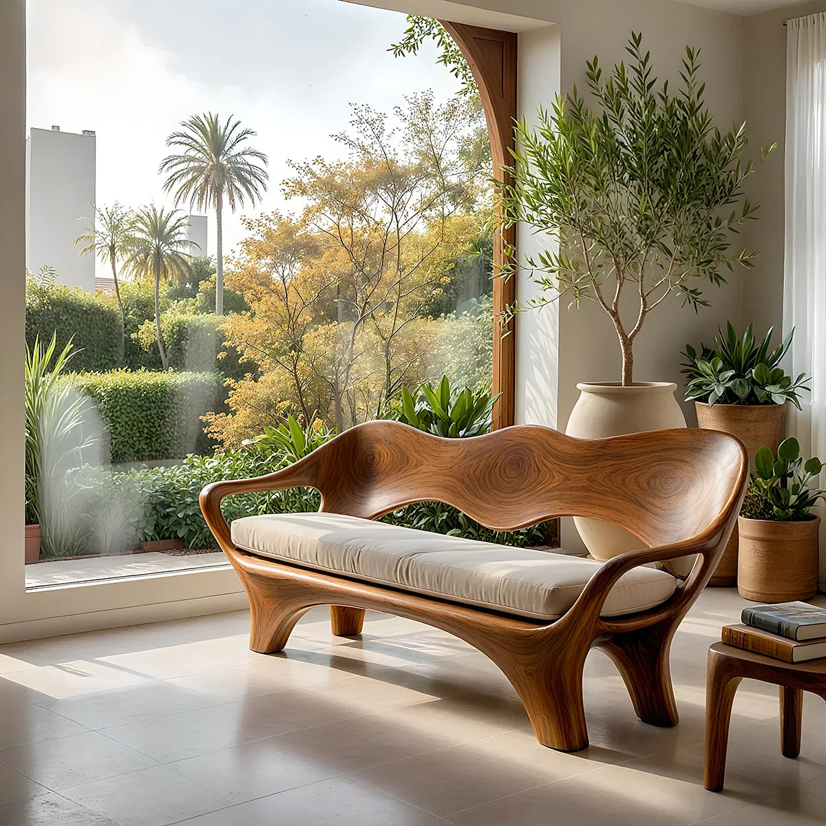 Luxury Sculptural Wooden Sofa with Organic Flowing Backrest Design
