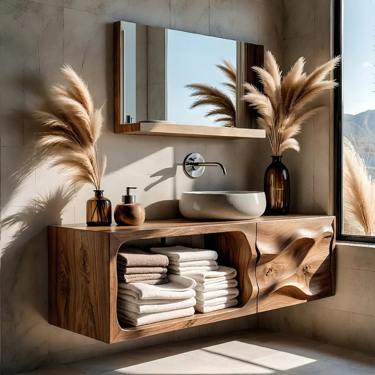 Floating Solid Wood Bathroom Vanity with Sculpted Door and Open Towel Shelf