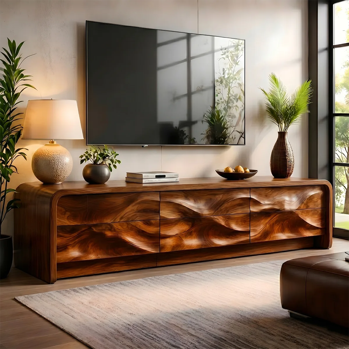 Modern Solid Wood Rounded TV Stand with Full Wavy Carved Facade