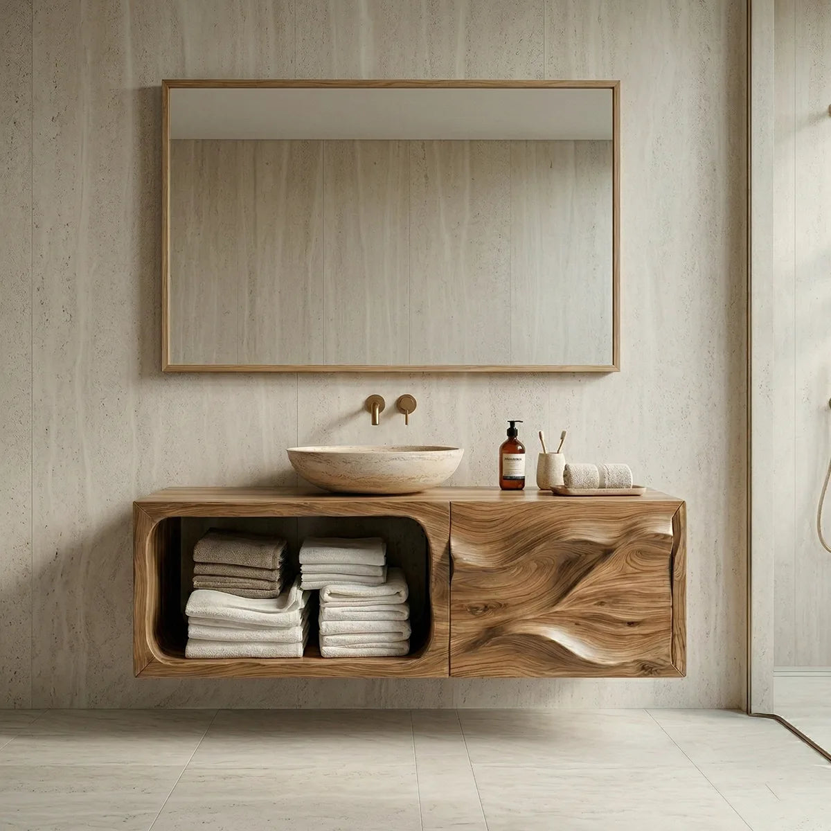Floating Solid Wood Bathroom Vanity with Sculpted Door and Open Towel Shelf