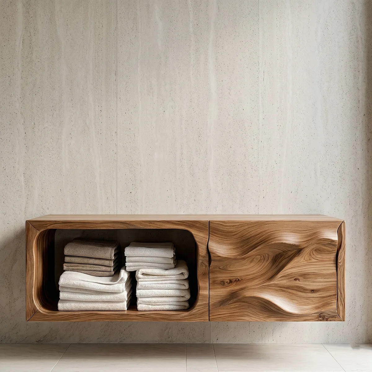 Floating Solid Wood Bathroom Vanity with Sculpted Door and Open Towel Shelf
