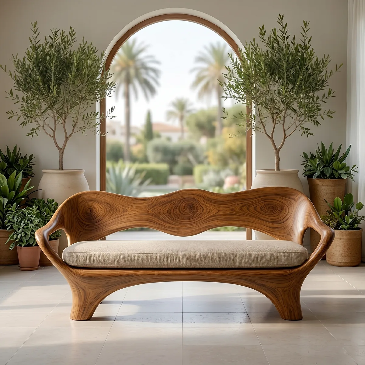 Luxury Sculptural Wooden Sofa with Organic Flowing Backrest Design