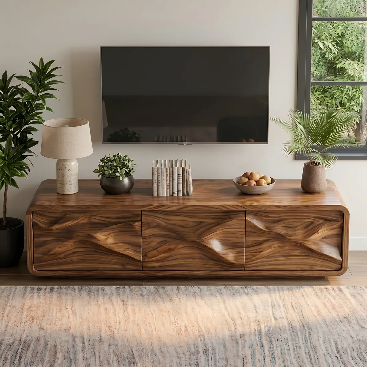 Modern Solid Wood Rounded TV Stand with Full Wavy Carved Facade