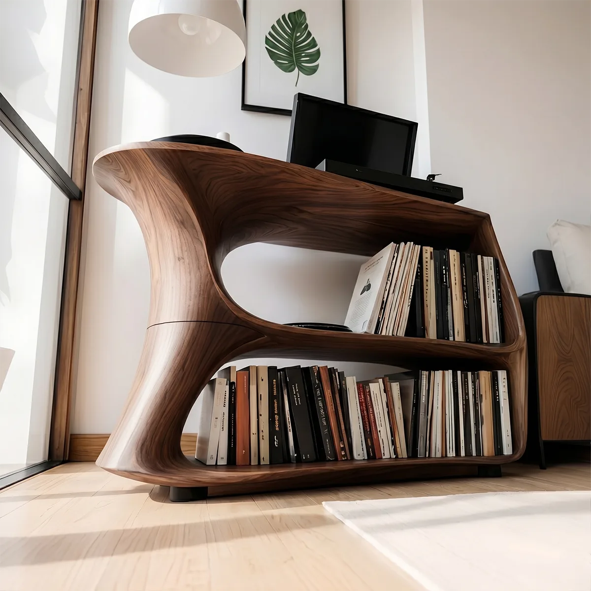Solid Wood Media Stand, Modern Organic Record Player Stands with Vinyl Record Storage Shelves