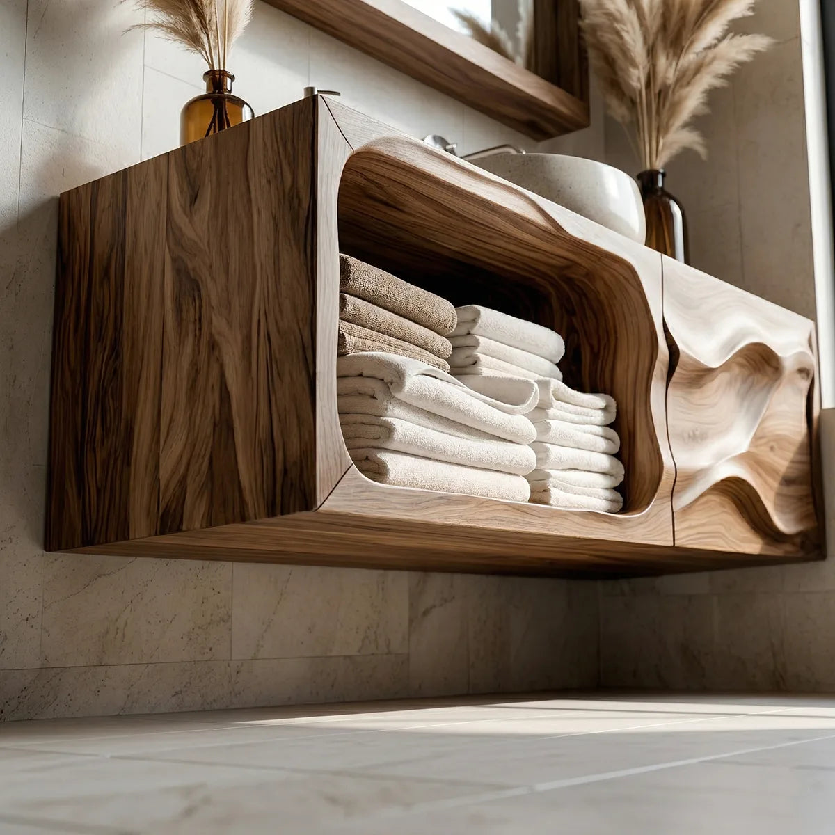Floating Solid Wood Bathroom Vanity with Sculpted Door and Open Towel Shelf
