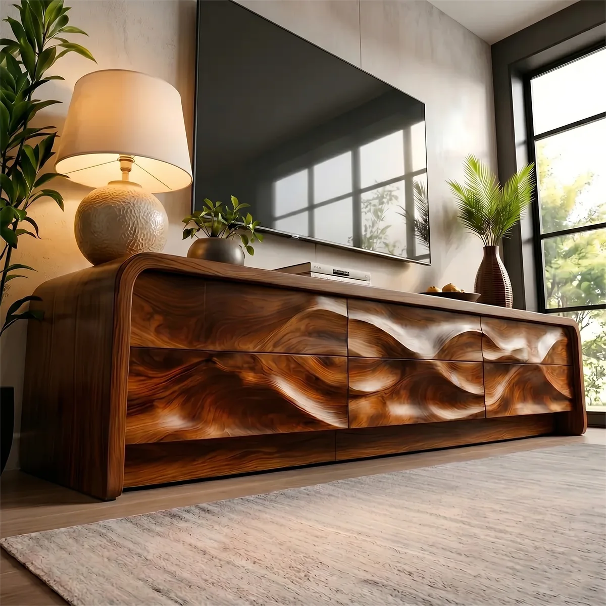 Modern Solid Wood Rounded TV Stand with Full Wavy Carved Facade