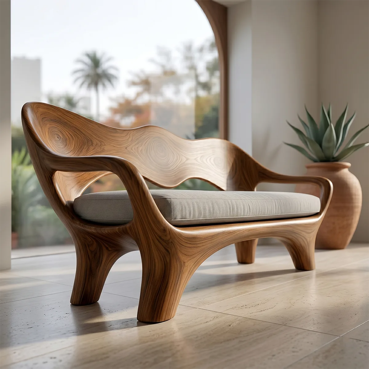 Luxury Sculptural Wooden Sofa with Organic Flowing Backrest Design