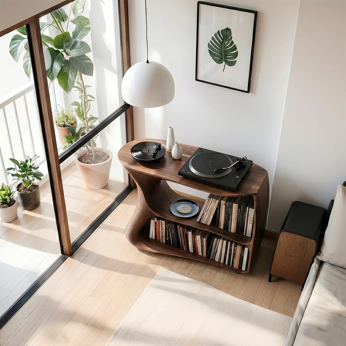 Solid Wood Media Stand, Modern Organic Record Player Stands with Vinyl Record Storage Shelves