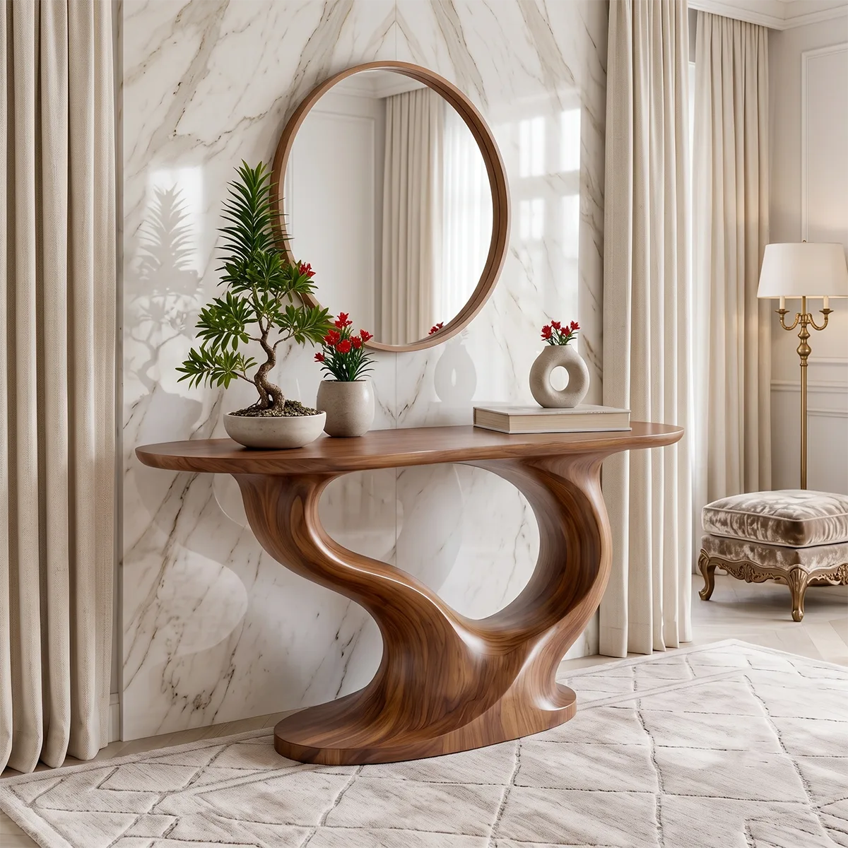 Modern Organic Console Table with Sculptural Solid Wood Base | Contemporary Entryway Console TT006-8689