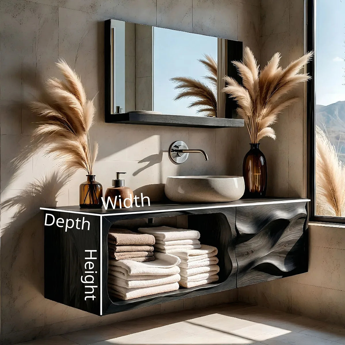 Floating Solid Wood Bathroom Vanity with Sculpted Door and Open Towel Shelf