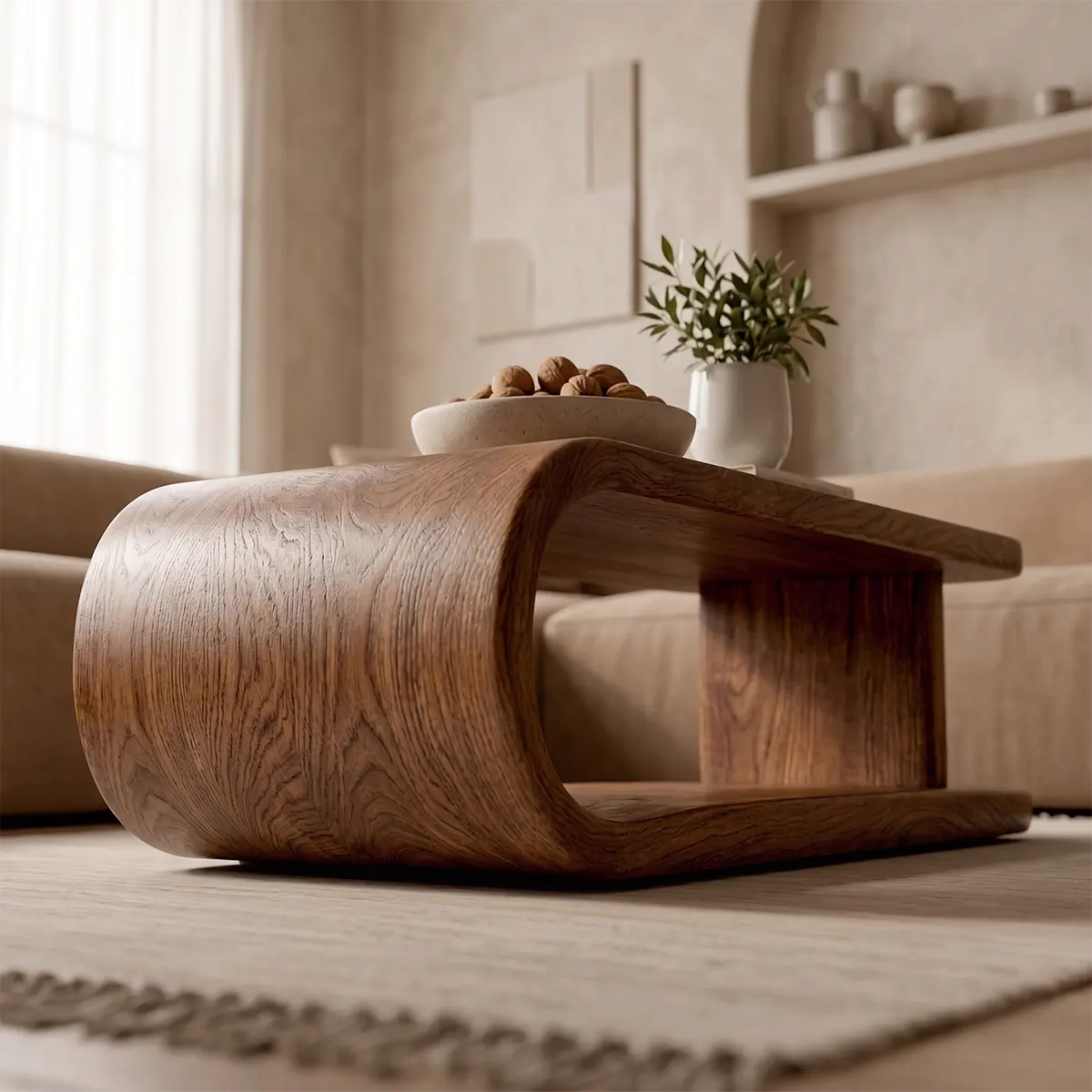 Modern Waterfall Coffee Table | Sculptural Open Shelf Center Table for Contemporary Living Room TT006-7074