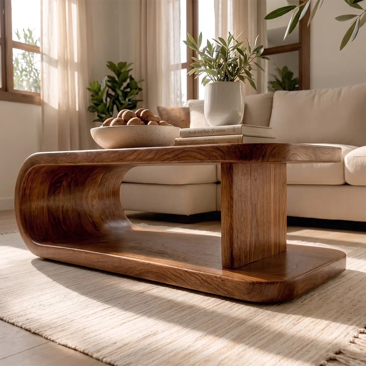 Modern Waterfall Coffee Table | Sculptural Open Shelf Center Table for Contemporary Living Room TT006-7074