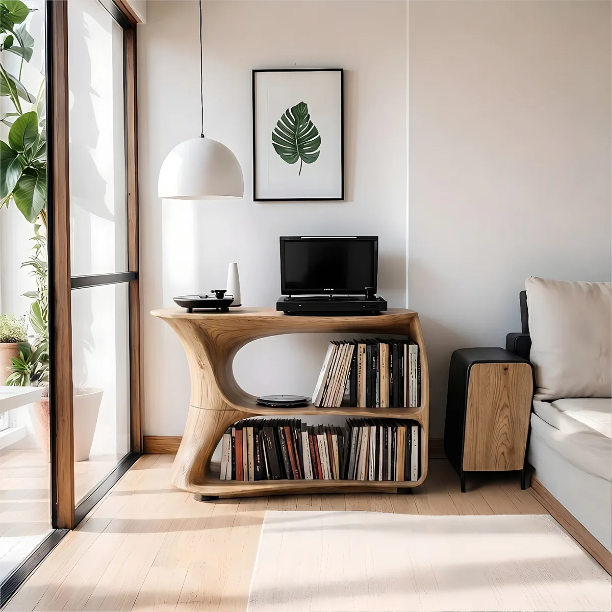 Solid Wood Media Stand, Modern Organic Record Player Stands with Vinyl Record Storage Shelves