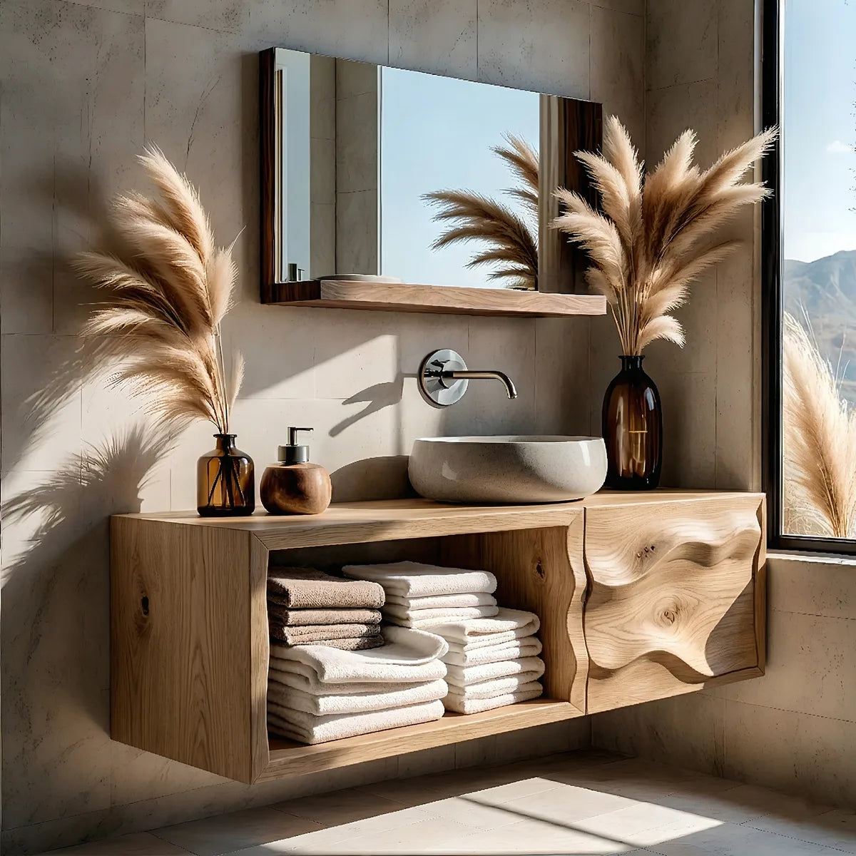 Floating Solid Wood Bathroom Vanity with Sculpted Door and Open Towel Shelf