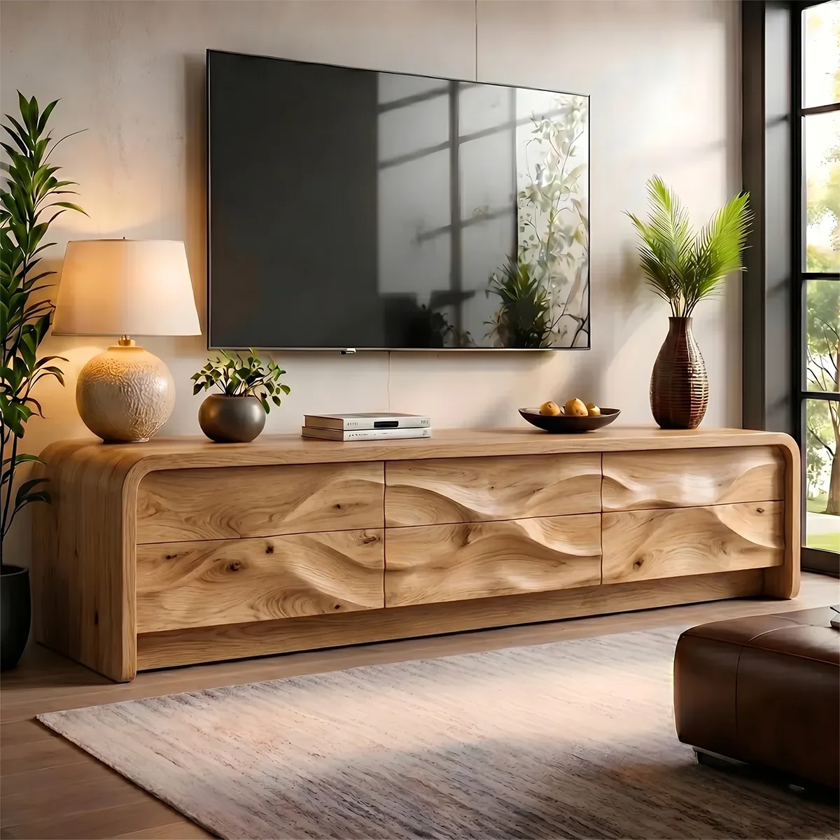 Modern Solid Wood Rounded TV Stand with Full Wavy Carved Facade